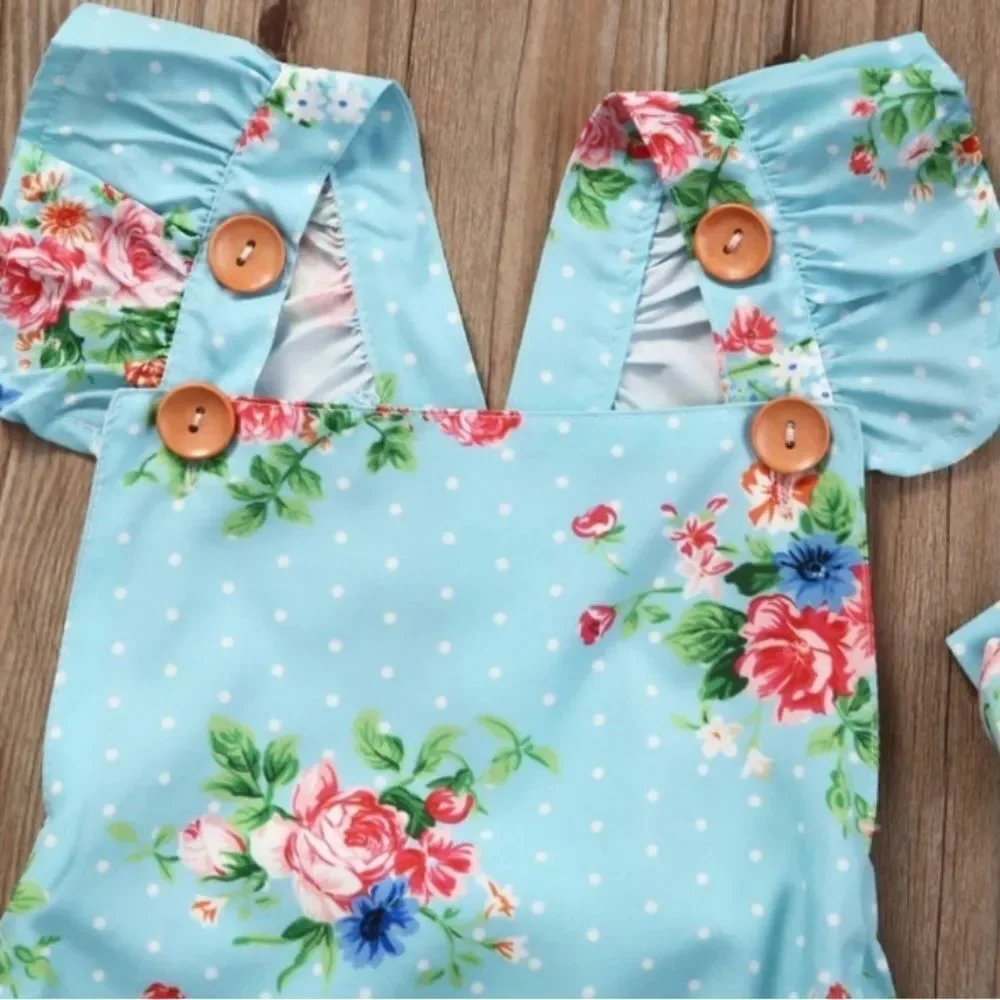 NEW SZ 0-3 month girls one piece floral baby romper w/ headband, strap w/ button